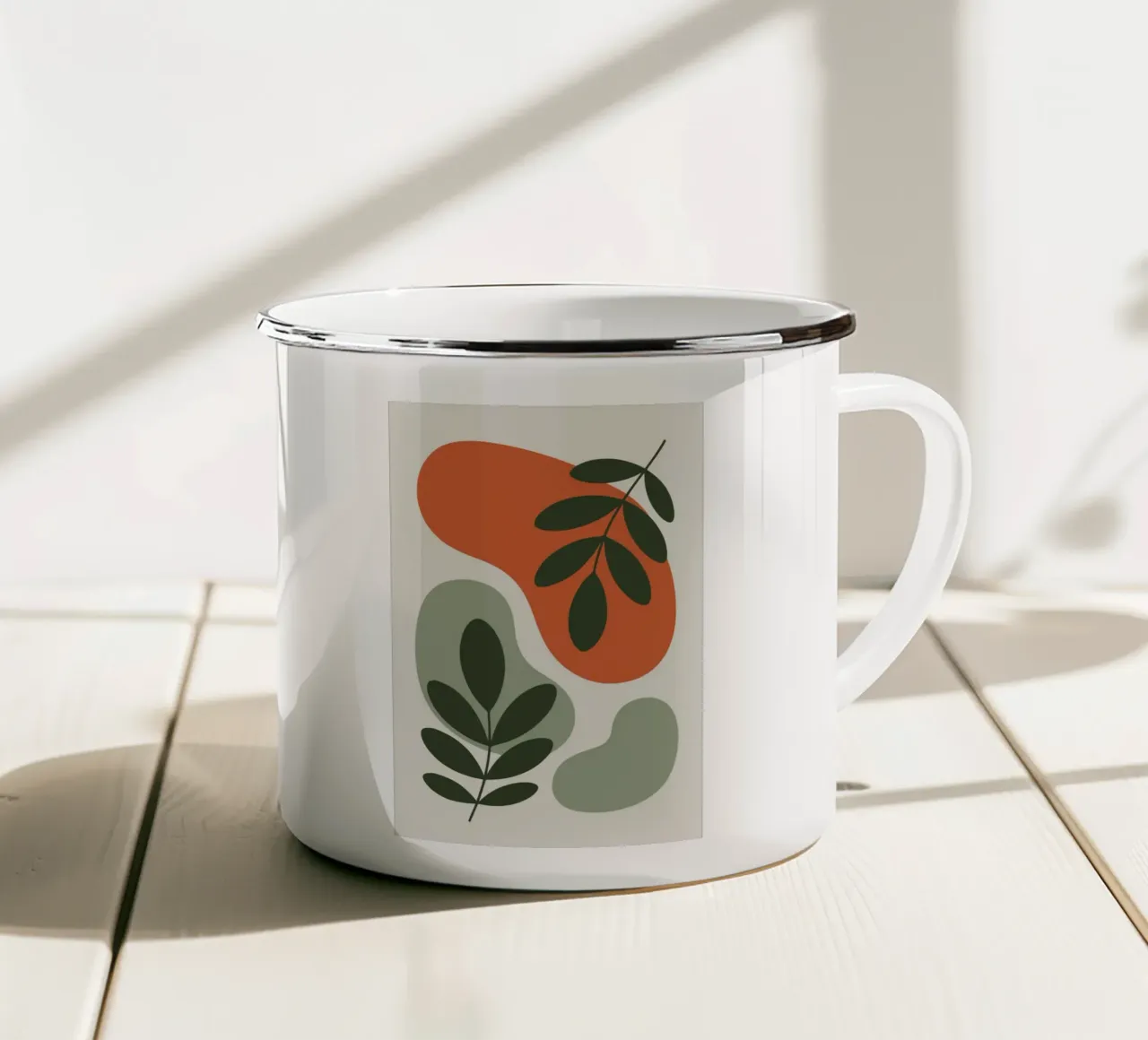 Overlapping Leaves on Organic Blobs Emaille Tasse von LisaArtes