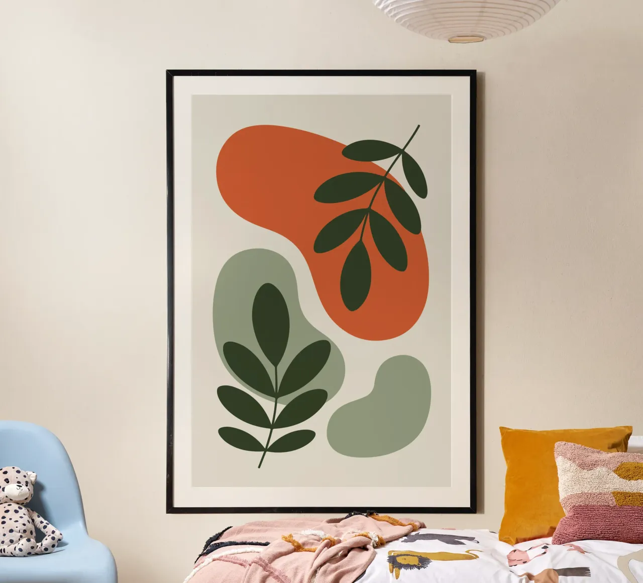 Overlapping Leaves on Organic Blobs poster con marco de madera de LisaArtes