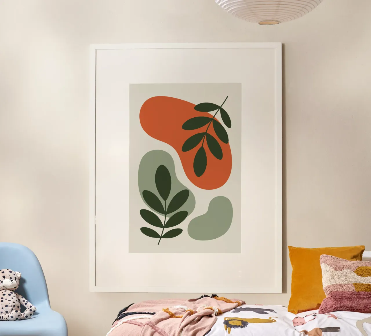 Overlapping Leaves on Organic Blobs poster con marco de madera de LisaArtes