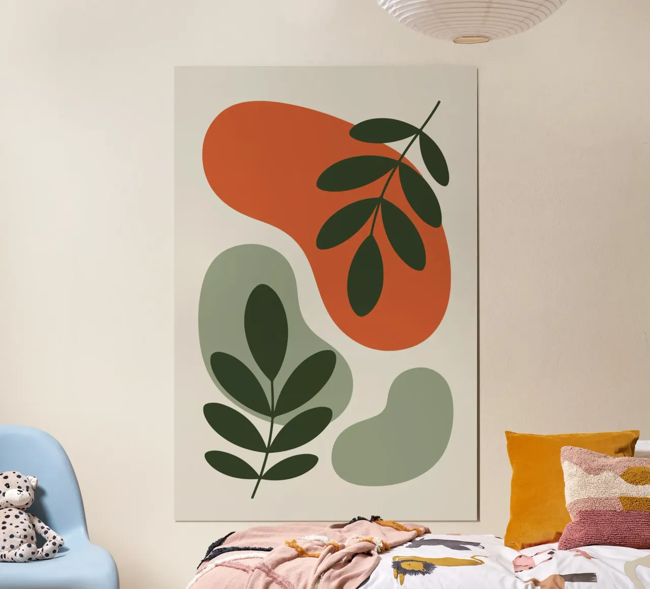 Overlapping Leaves on Organic Blobs poster con marco de madera de LisaArtes