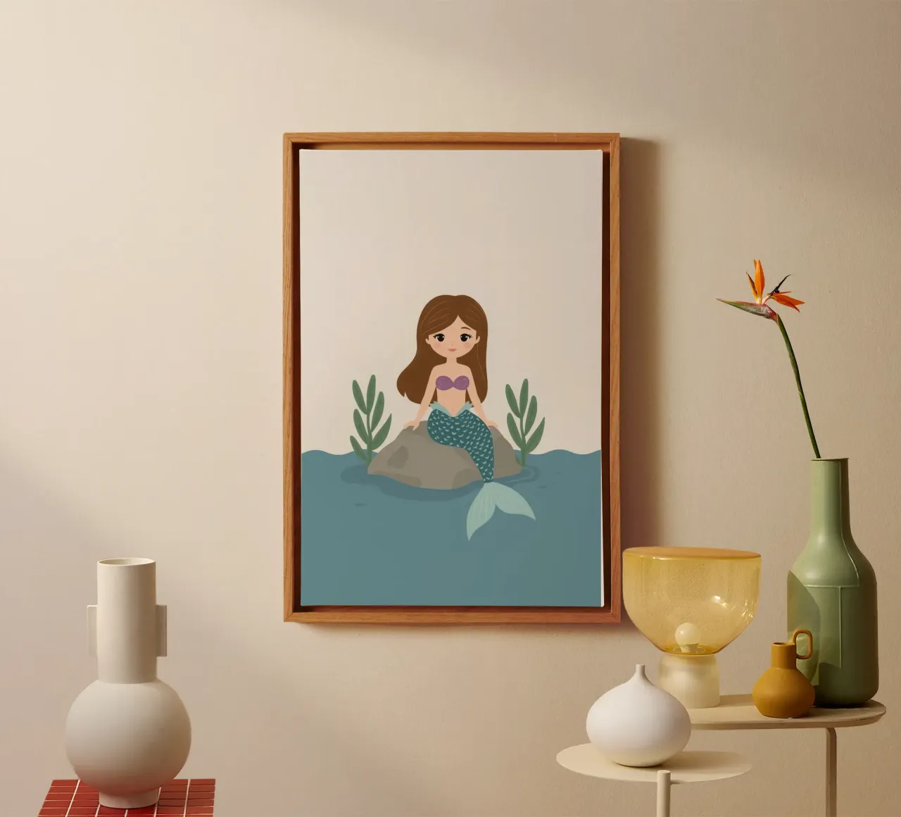 Niedliche Cartoon-Nixe auf Felsen im Wasser Leinwand mit Schattenfugenrahmen von DesignDoodle