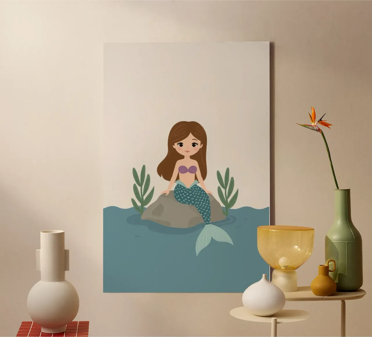 Niedliche Cartoon-Nixe auf Felsen im Wasser Leinwand mit Schattenfugenrahmen von DesignDoodle