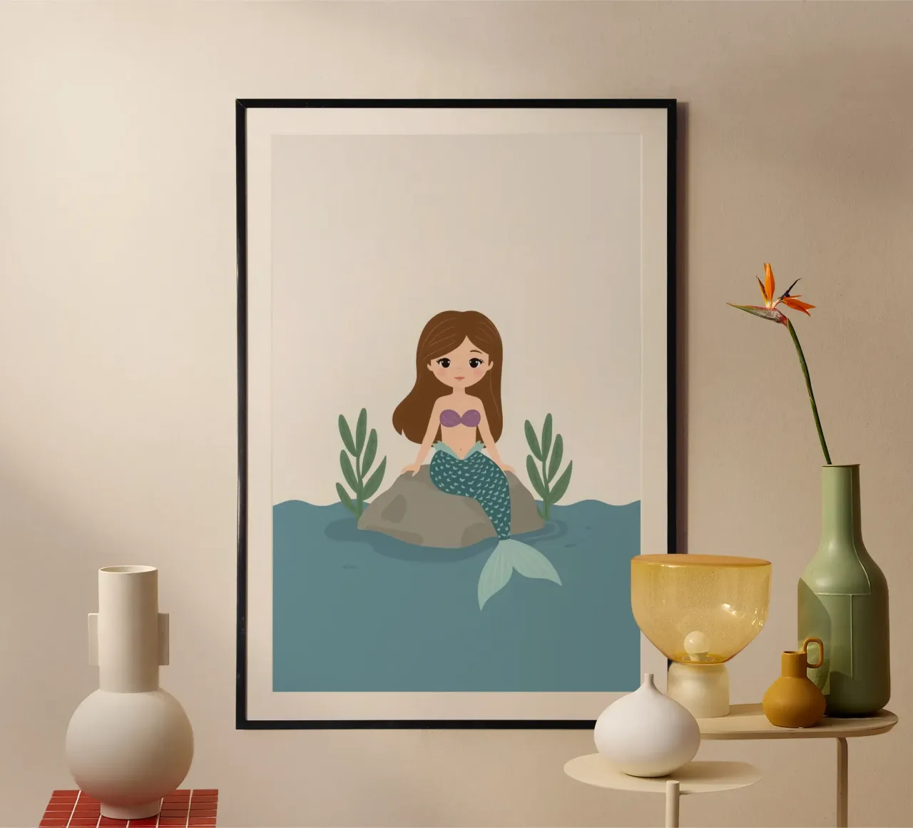 Simpática sirena de dibujos animados sobre una roca en el agua poster de DesignDoodle