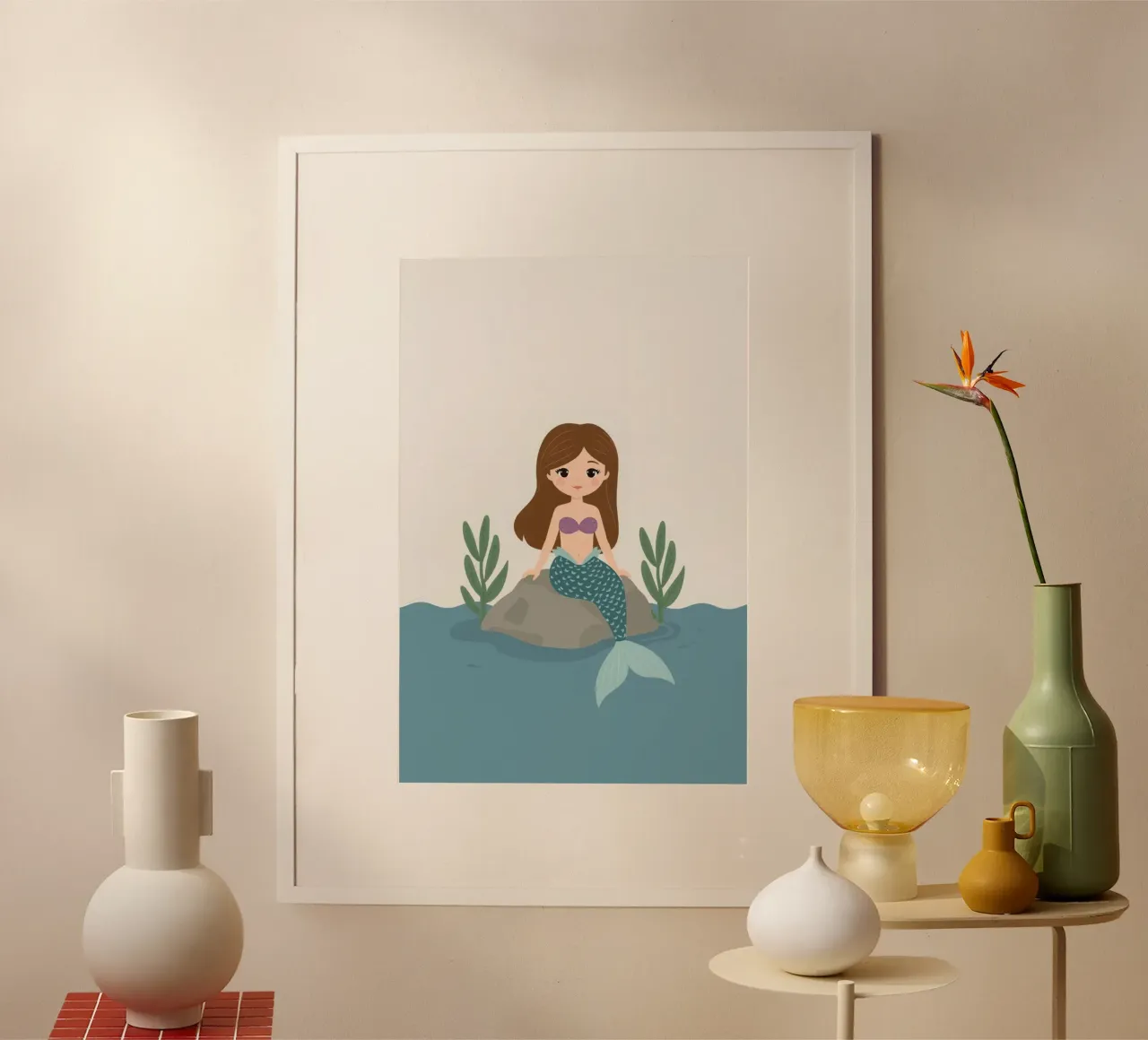 Simpática sirena de dibujos animados sobre una roca en el agua poster de DesignDoodle