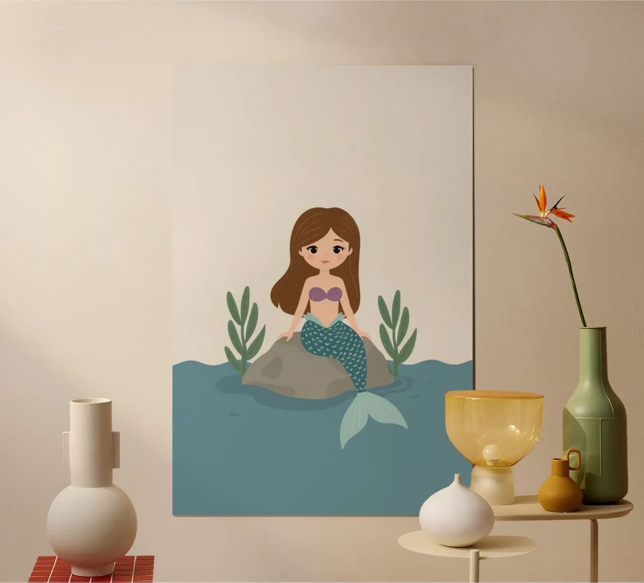 Simpática sirena de dibujos animados sobre una roca en el agua poster de DesignDoodle