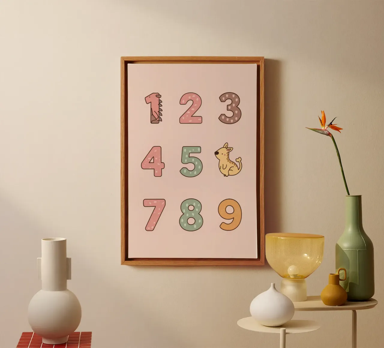 Cartoon Getallen Eén tot en met Negen met Dieren Illustraties canvas met Baklijst van DesignDoodle