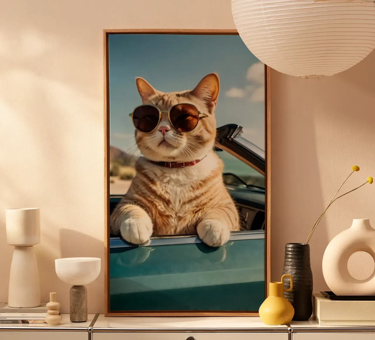 cool cat on the car canvas with Floater frame by Josum