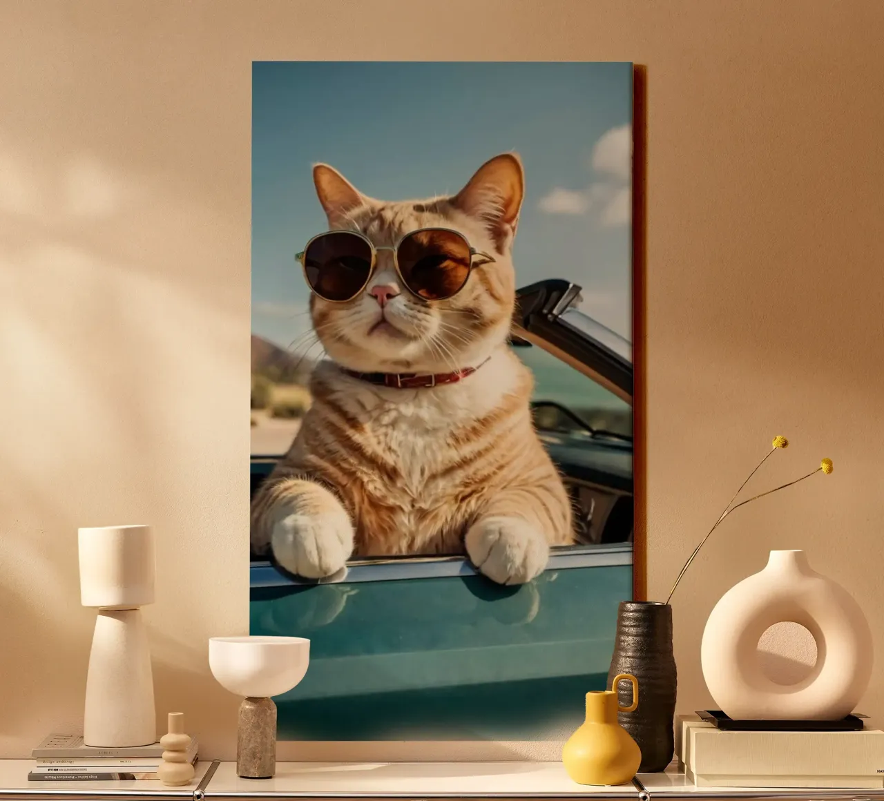 cool cat on the car canvas with Floater frame by Josum