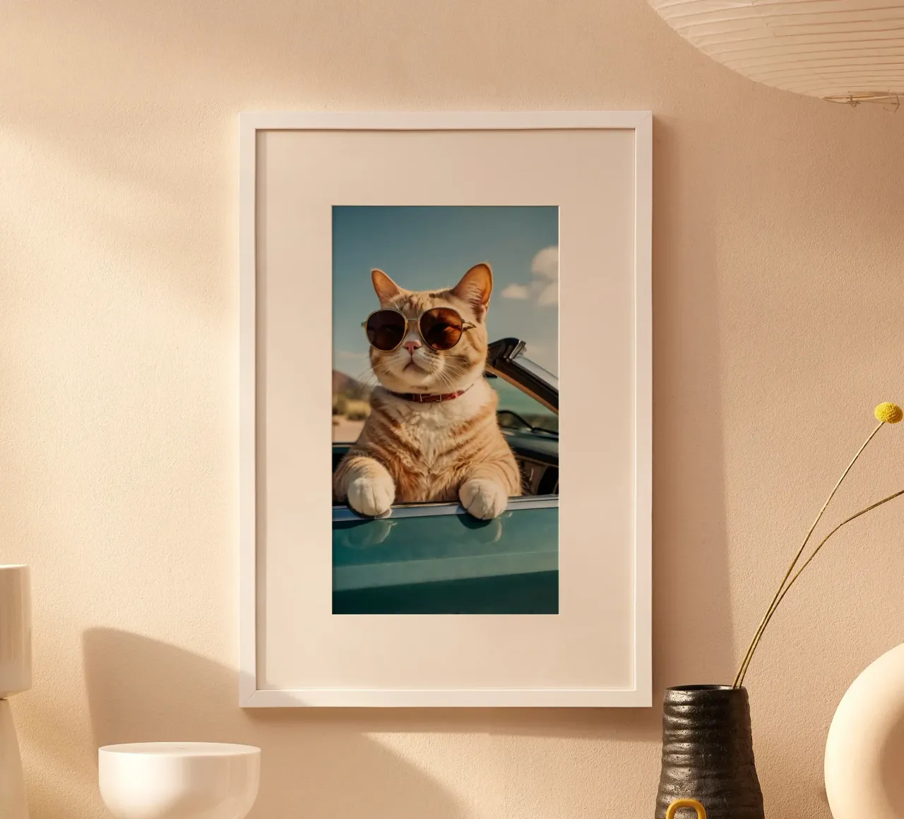 cool cat on the car poster con telaio in legno da Josum