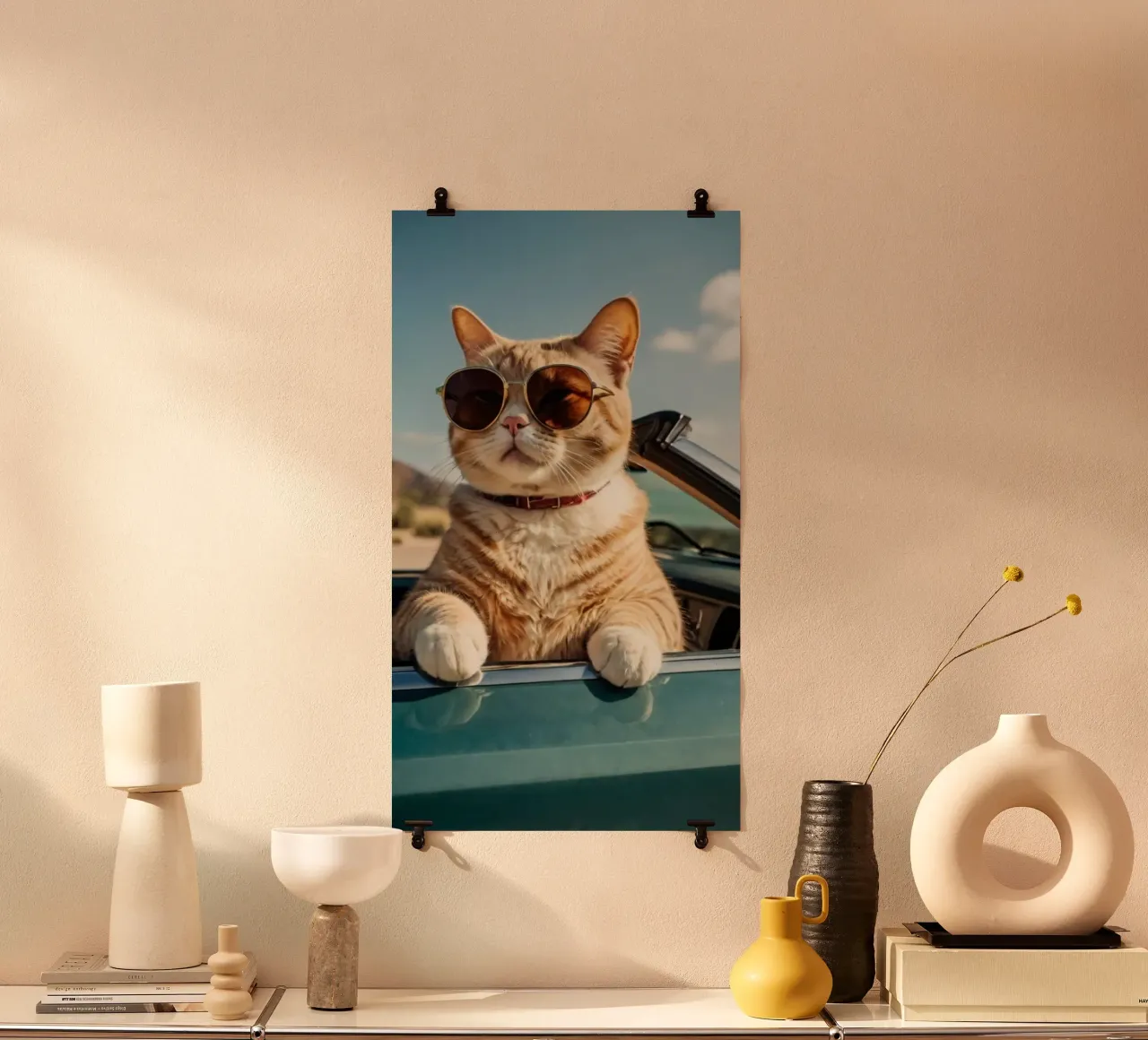 cool cat on the car poster con telaio in legno da Josum