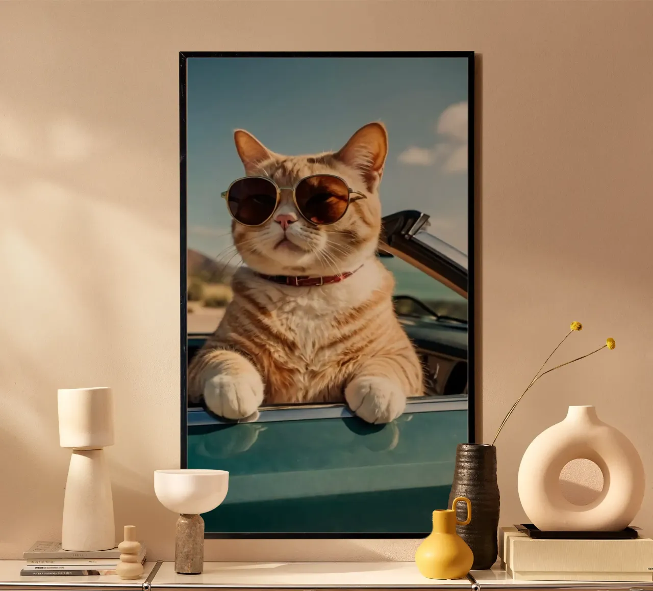 cool cat on the car poster con telaio in legno da Josum