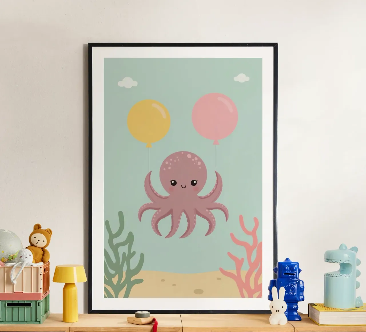 Lindo pulpo de dibujos animados sosteniendo globos bajo el agua poster de DesignDoodle