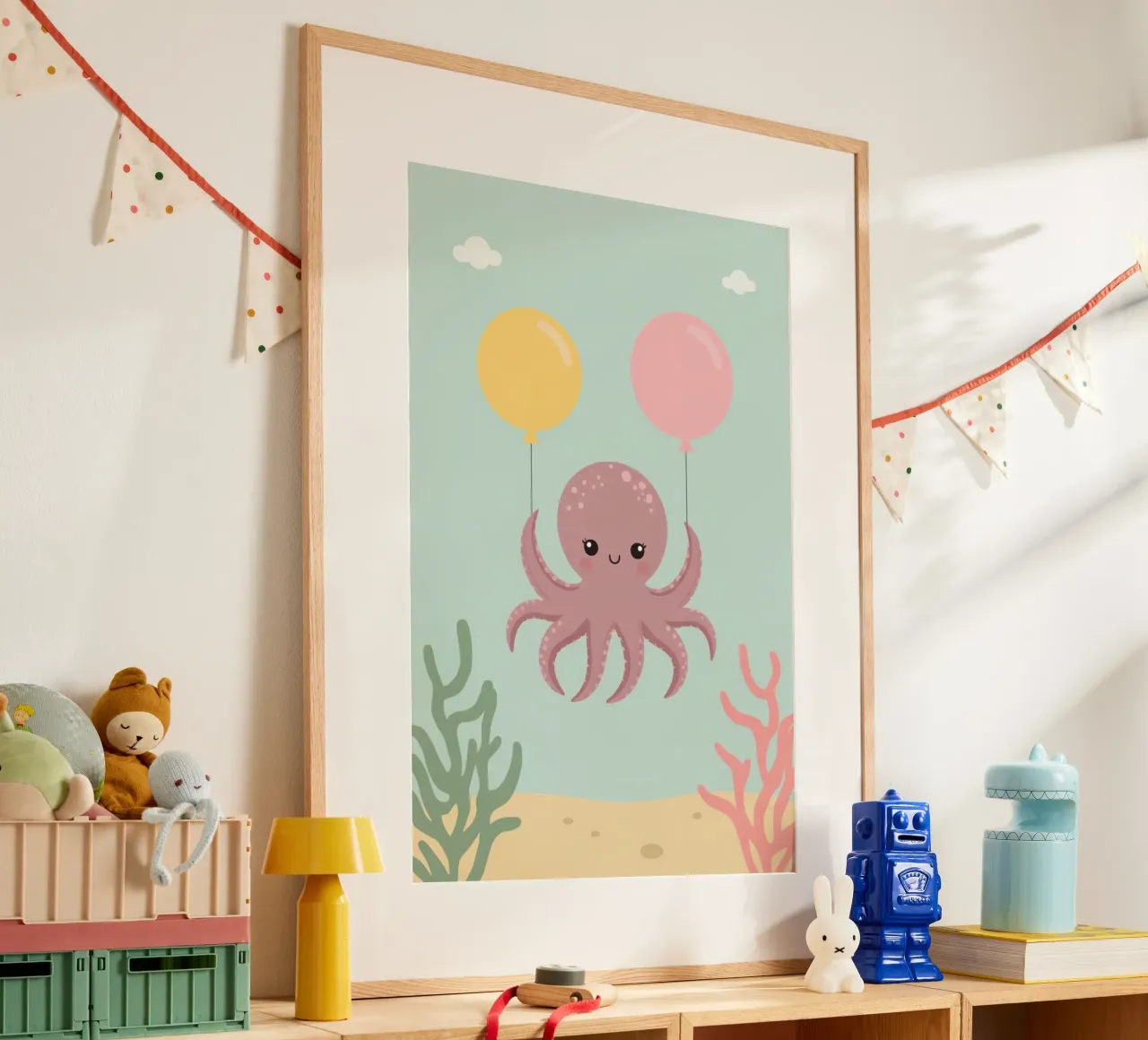Lindo pulpo de dibujos animados sosteniendo globos bajo el agua poster de DesignDoodle