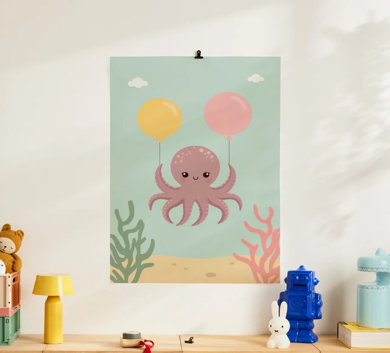 Lindo pulpo de dibujos animados sosteniendo globos bajo el agua poster de DesignDoodle