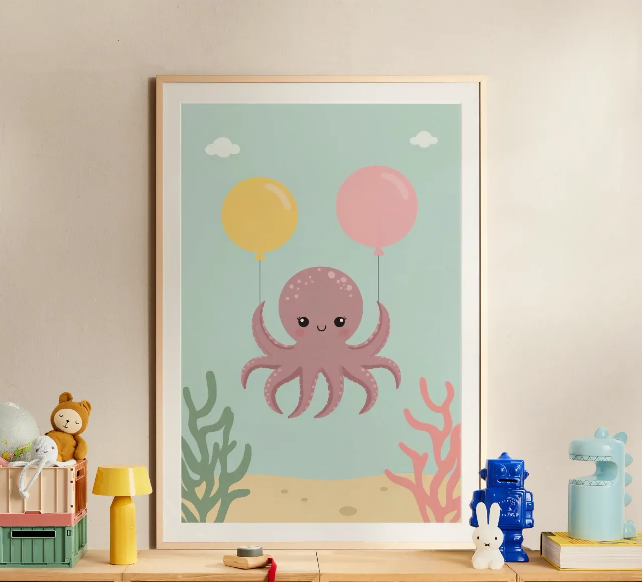 Lindo pulpo de dibujos animados sosteniendo globos bajo el agua poster de DesignDoodle