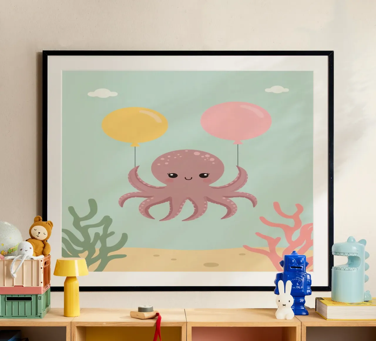 Lindo pulpo de dibujos animados sosteniendo globos bajo el agua poster de DesignDoodle