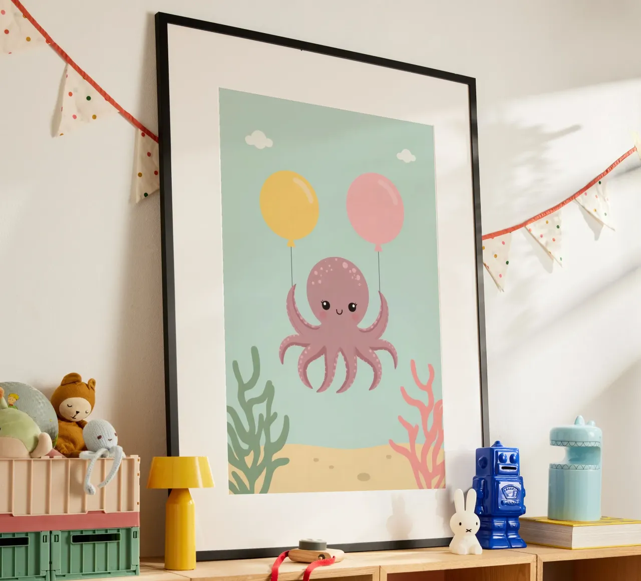 Lindo pulpo de dibujos animados sosteniendo globos bajo el agua poster de DesignDoodle