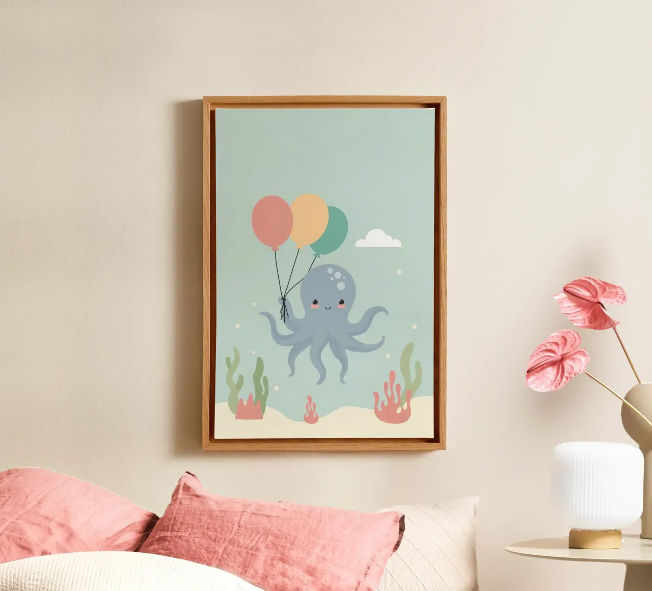 Pulpo de dibujos animados feliz sosteniendo globos bajo el agua lienzo con Marco flotante de DesignDoodle