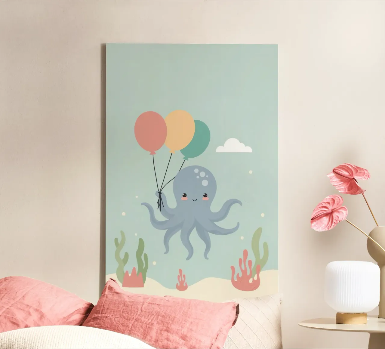 Pulpo de dibujos animados feliz sosteniendo globos bajo el agua lienzo con Marco flotante de DesignDoodle