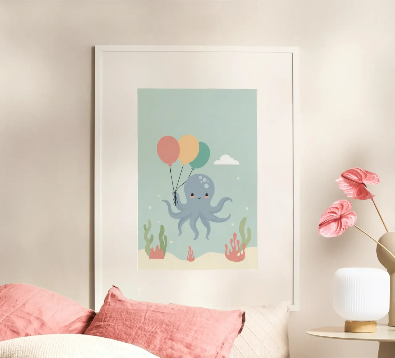 Felice polpo carino dei cartoni animati che tiene i palloncini sott'acqua poster con telaio in legno da DesignDoodle