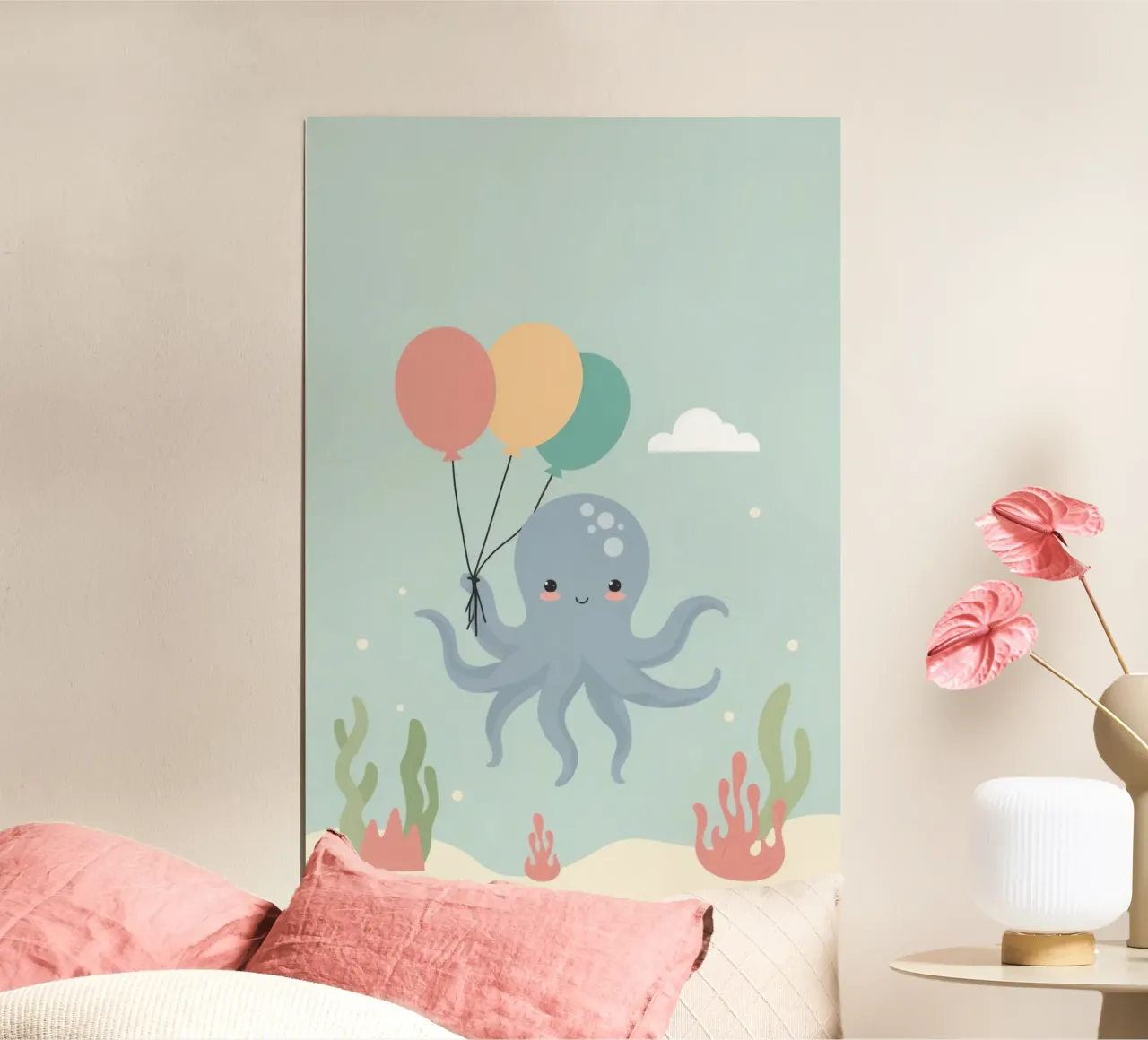 Felice polpo carino dei cartoni animati che tiene i palloncini sott'acqua poster con telaio in legno da DesignDoodle