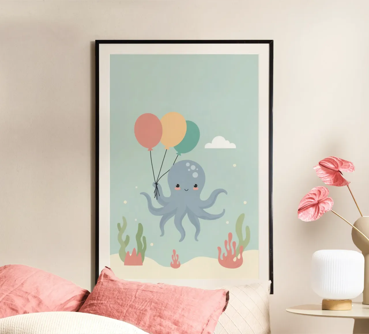 Felice polpo carino dei cartoni animati che tiene i palloncini sott'acqua poster con telaio in legno da DesignDoodle