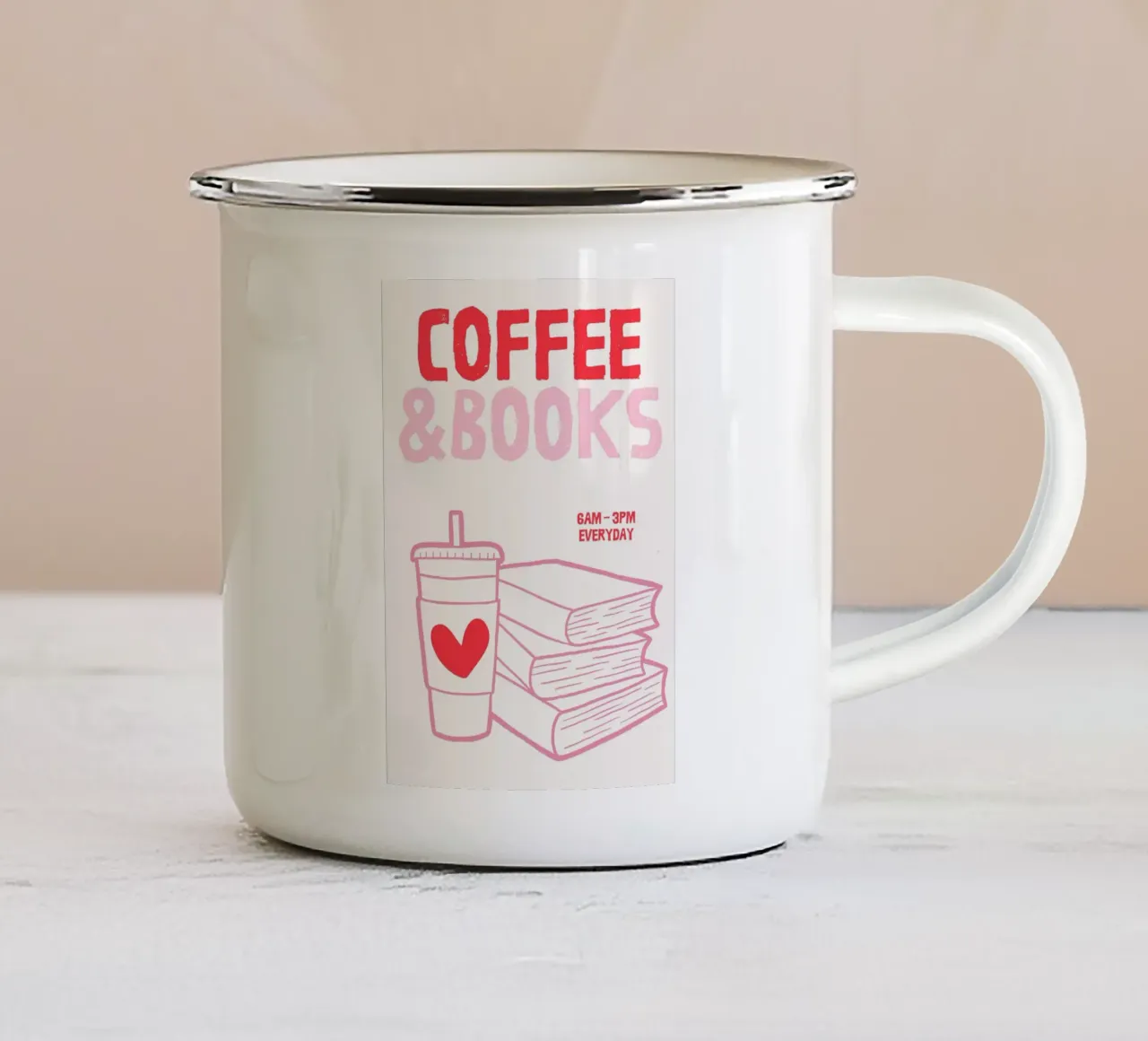 Illustrazione di libri e caffè tazza in smalto da The Art Club