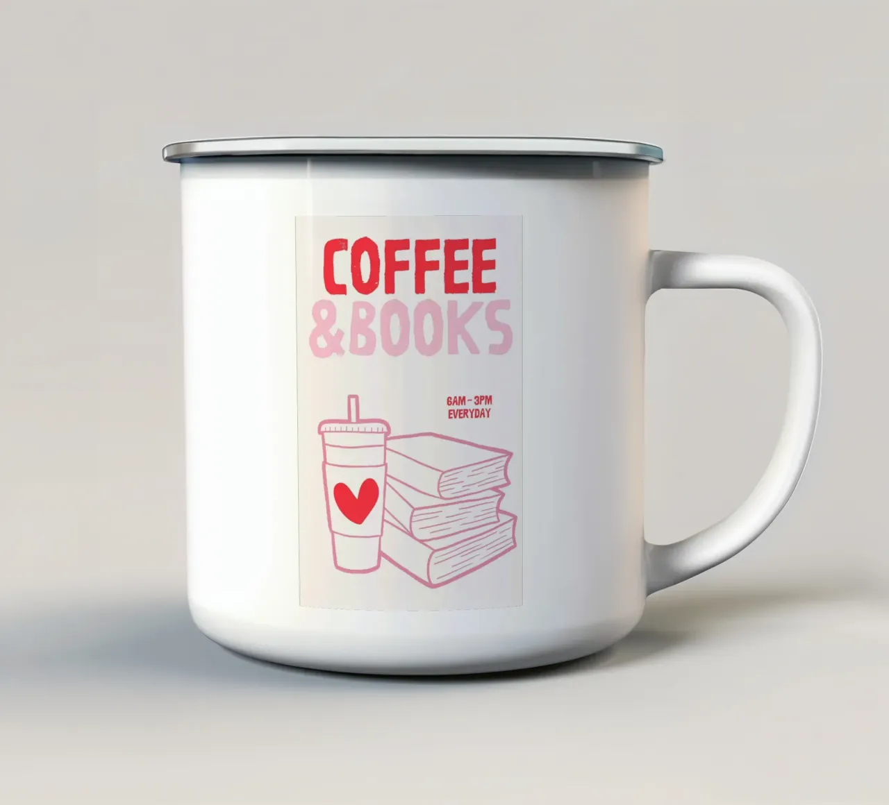 Illustrazione di libri e caffè tazza in smalto da The Art Club
