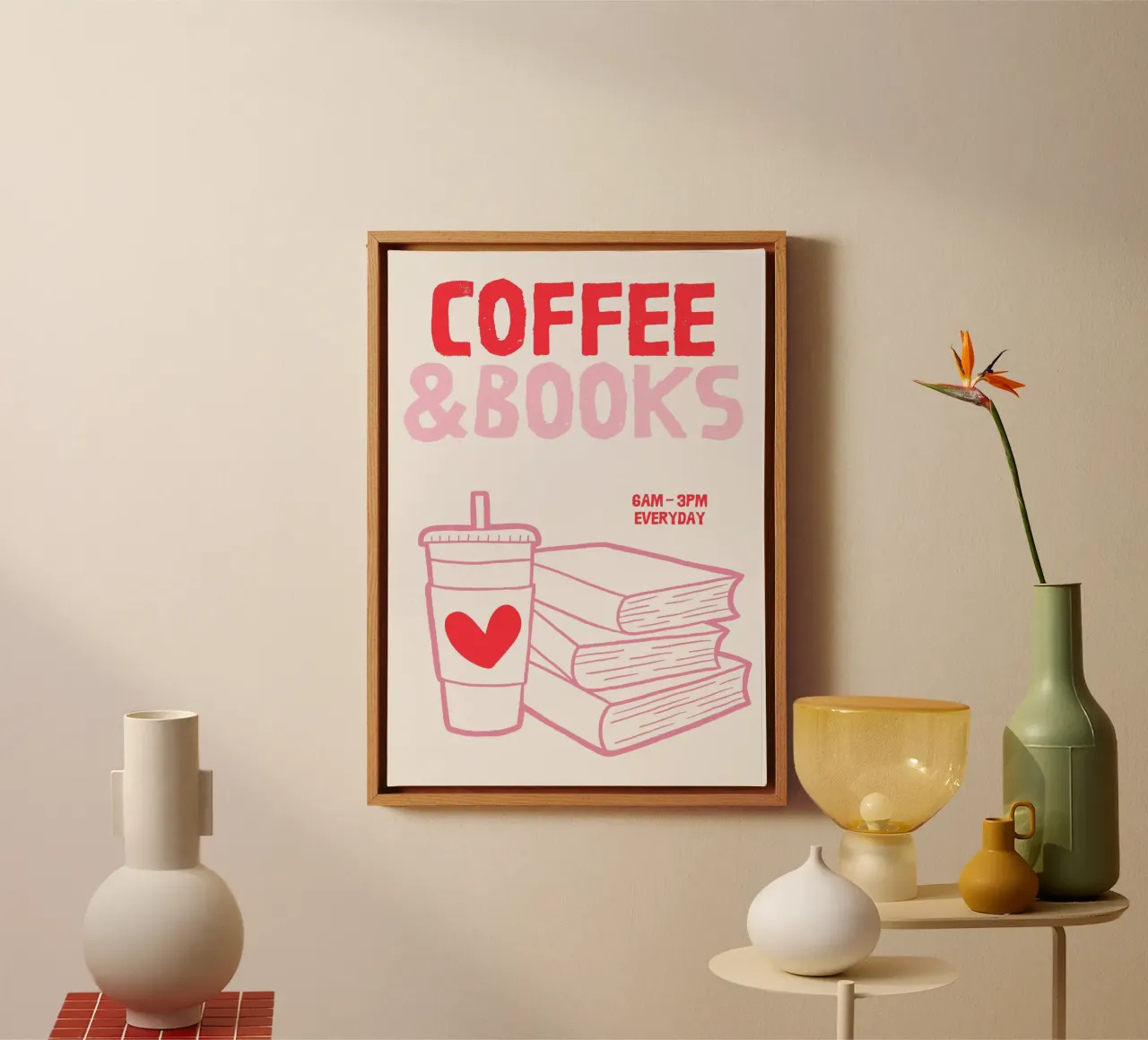 Illustrazione di libri e caffè tela con Cornice a cassetta da The Art Club