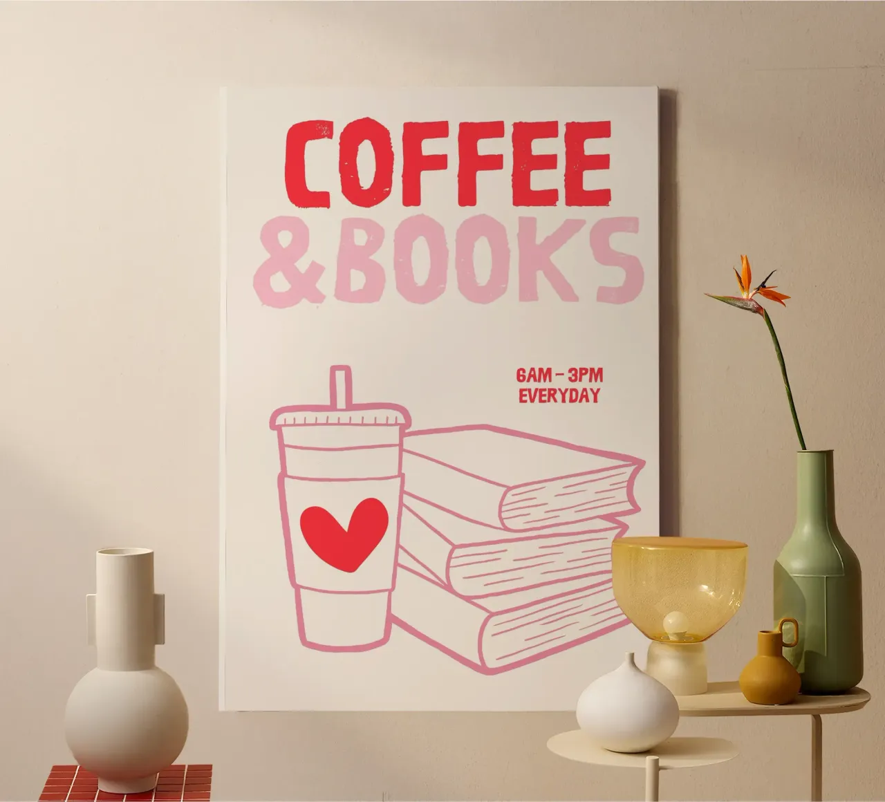 Illustrazione di libri e caffè tela con Cornice a cassetta da The Art Club