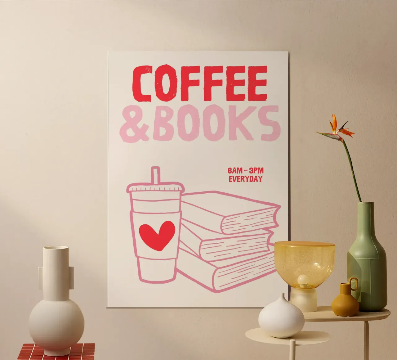 Illustrazione di libri e caffè poster con telaio in plastica da The Art Club