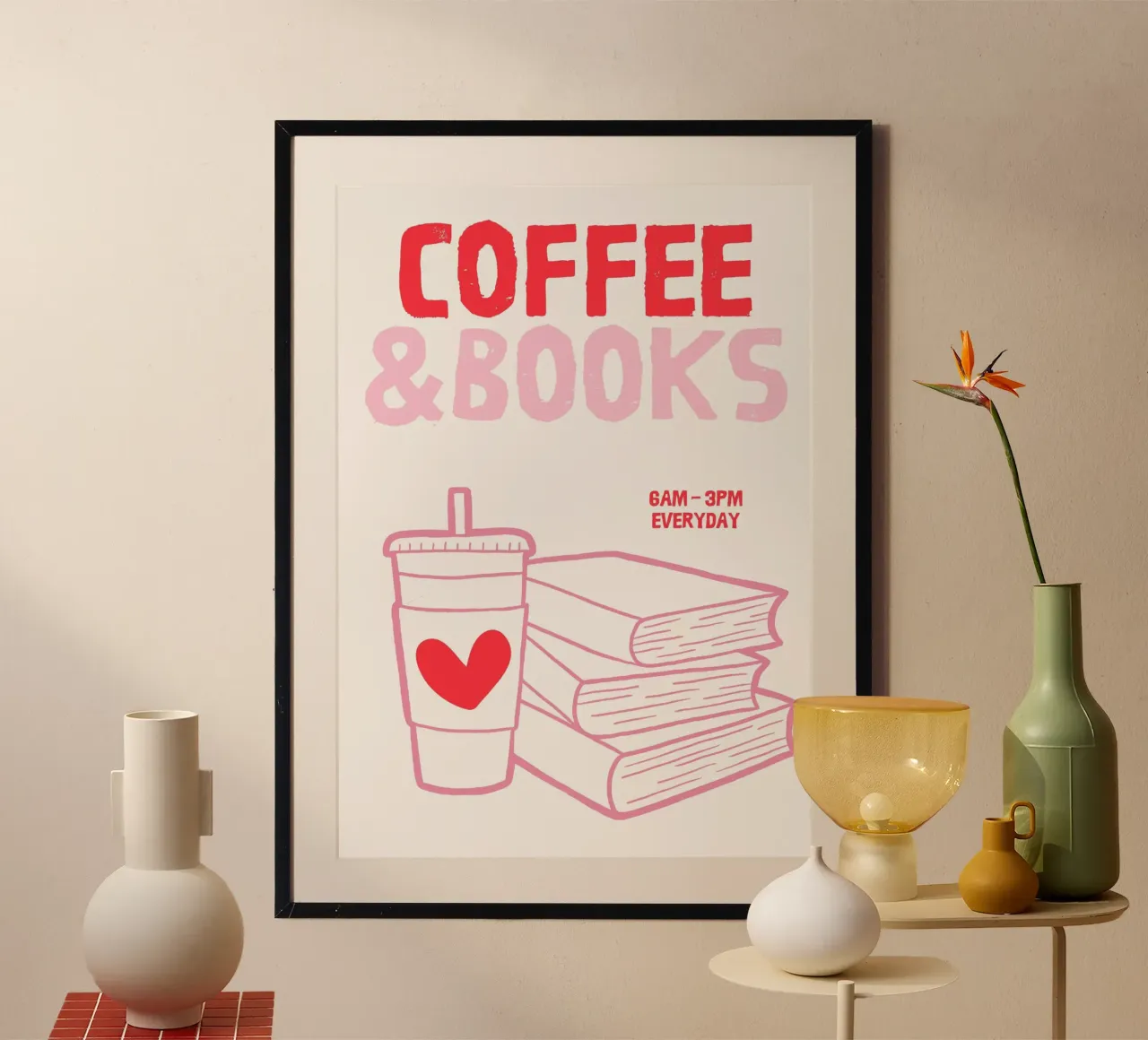 Illustrazione di libri e caffè poster con telaio in plastica da The Art Club