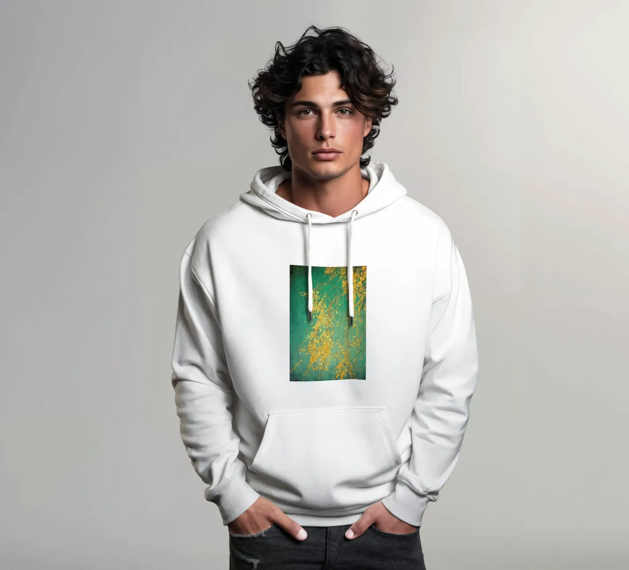 Betulla - Sussurri di giallo verde smeraldo felpa con cappuccio da Ingrid Beddoes