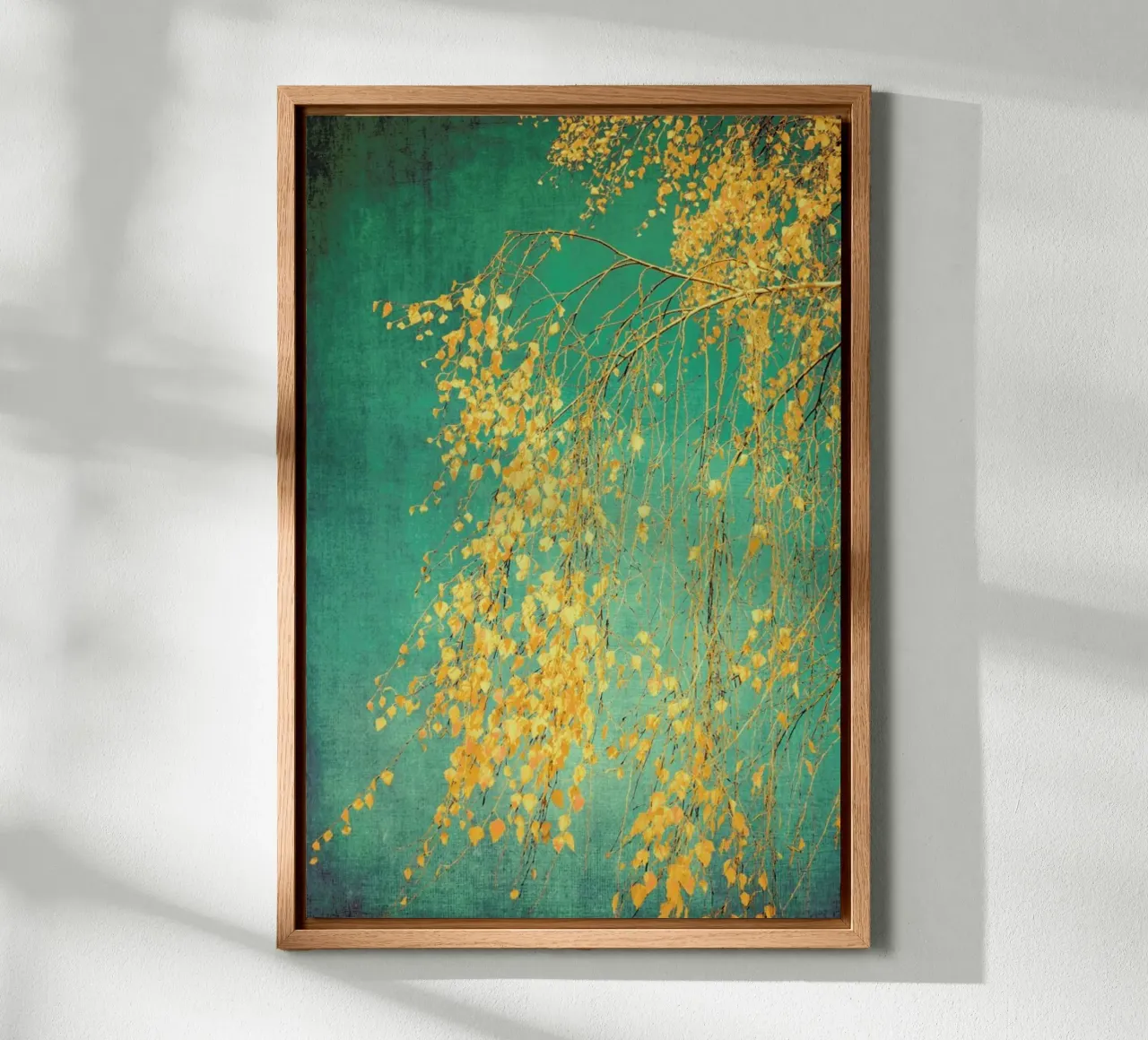 Birch Tree - Whispers of Yellow Emerald Green canvas with Floater frame by Ingrid Beddoes