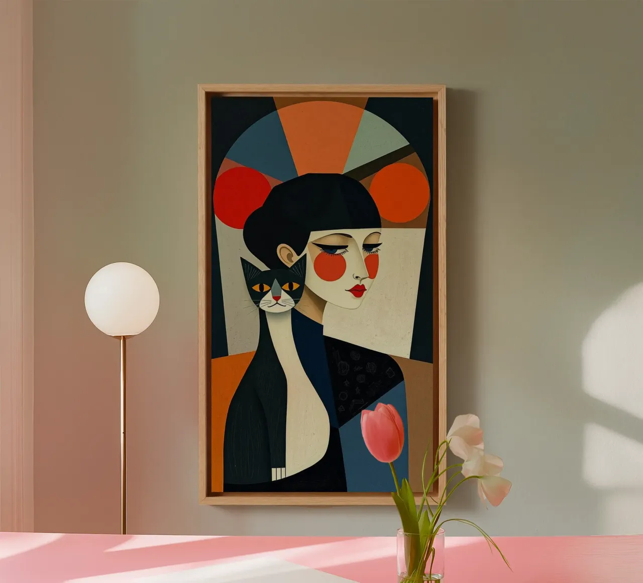 girl and cat in art color canvas met Baklijst van Josum
