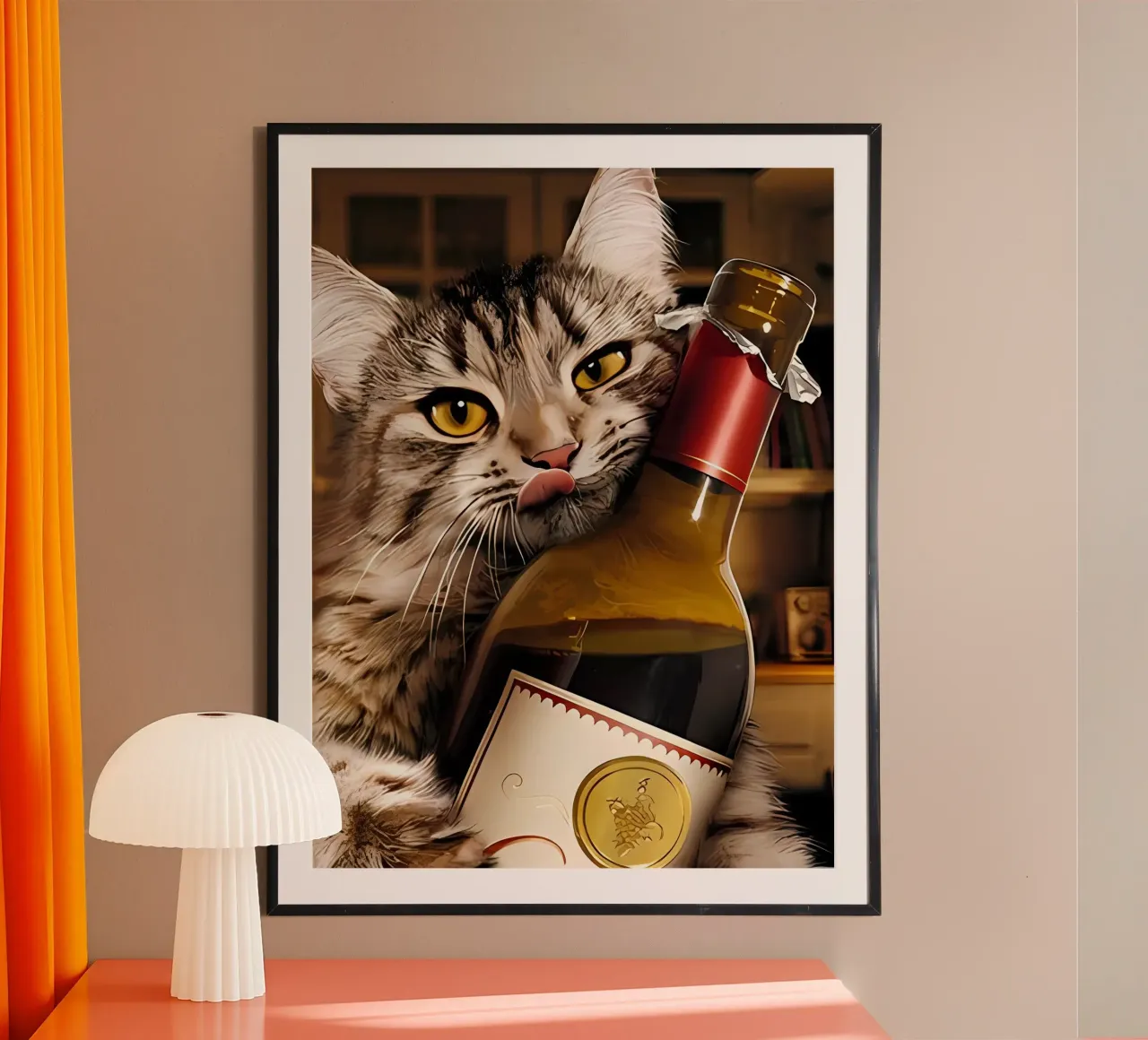 Gatto bottiglia di vino poster con telaio in plastica da Arjun