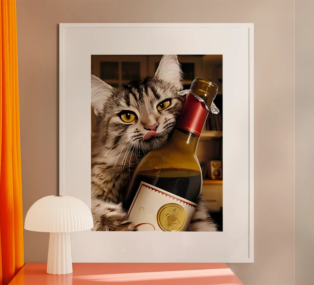 Gatto bottiglia di vino poster con telaio in plastica da Arjun