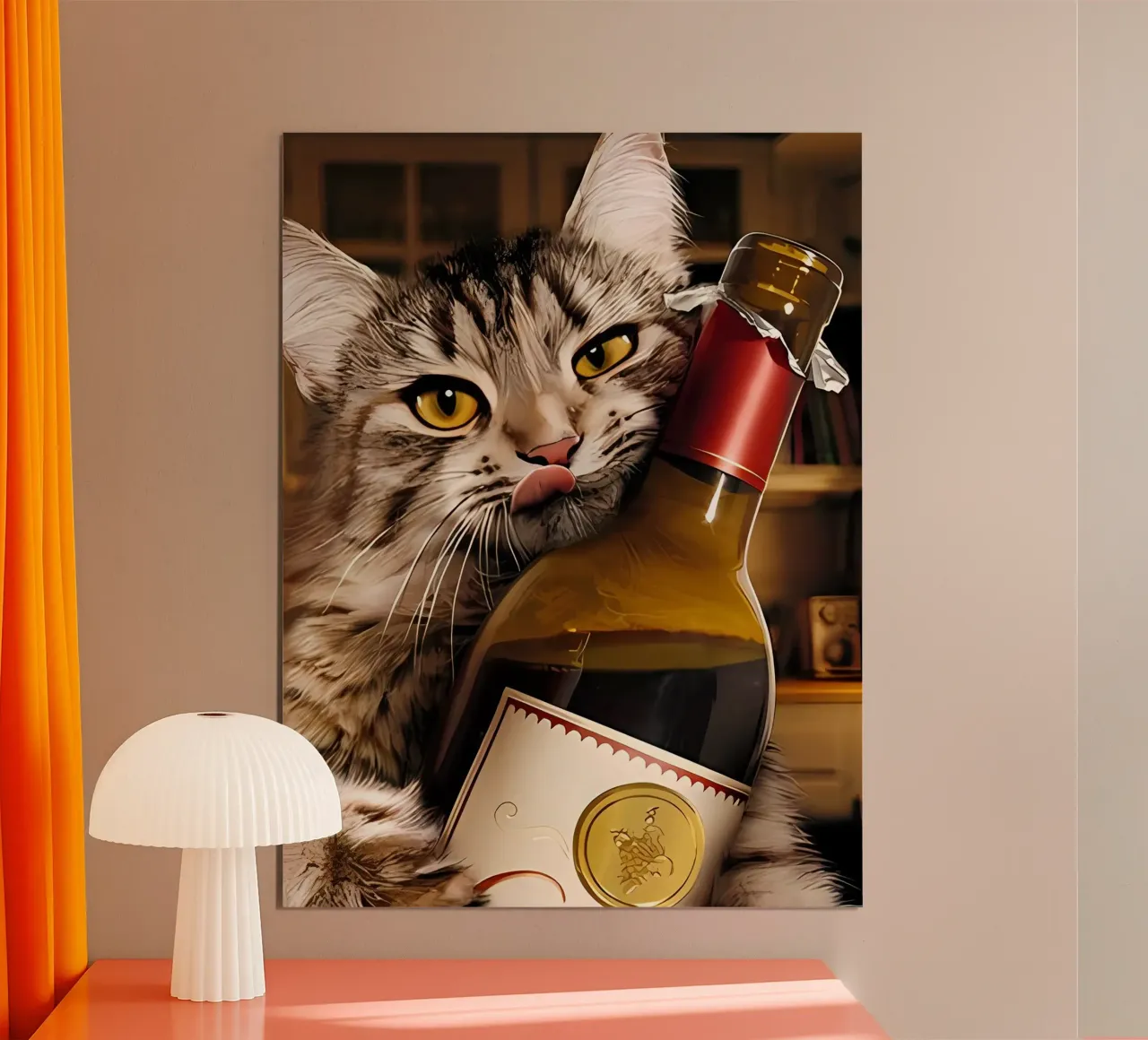 Gatto bottiglia di vino poster con telaio in plastica da Arjun