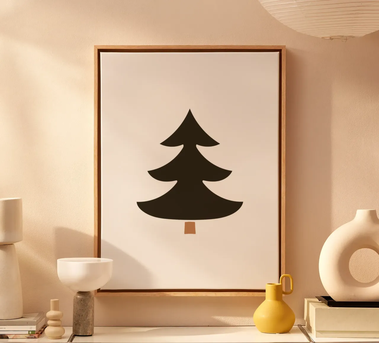 Minimal Dennenboom Bruin Chique Moderne Grafische Winterse Print canvas met Baklijst van Kathrin Woo Design