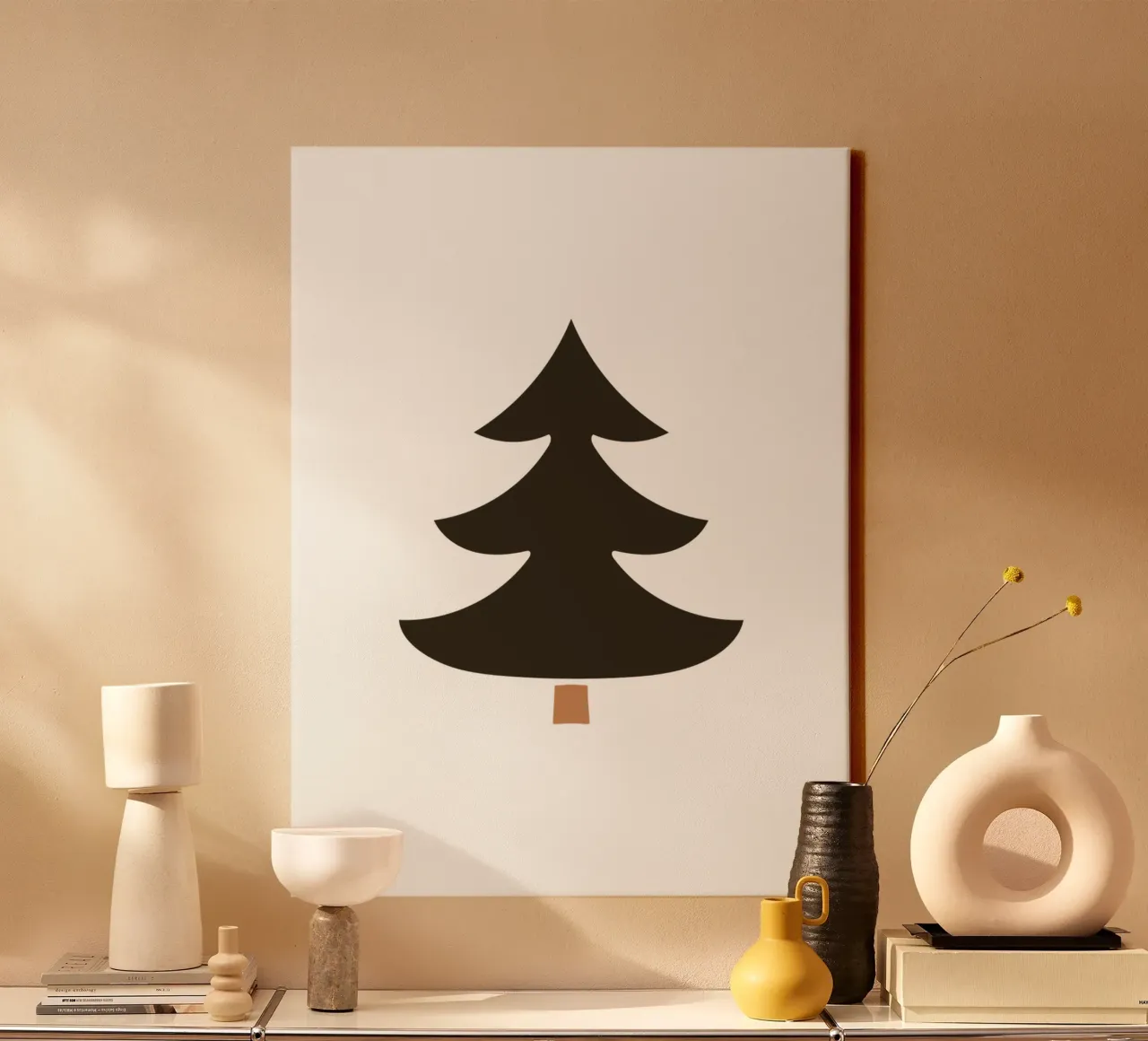 Minimal Dennenboom Bruin Chique Moderne Grafische Winterse Print canvas met Baklijst van Kathrin Woo Design