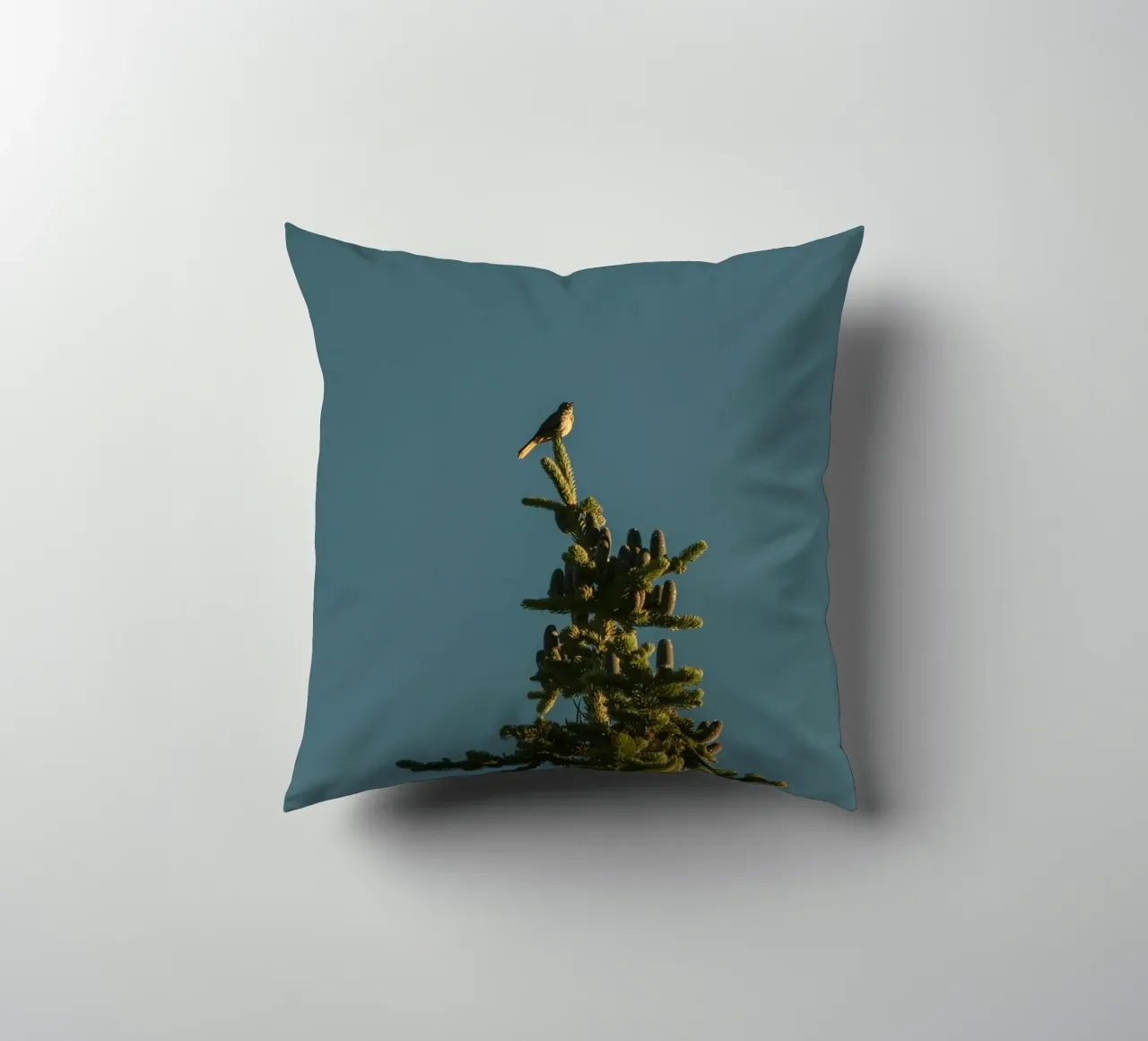 Little bird perched on the pine tree cuscino da mip of map