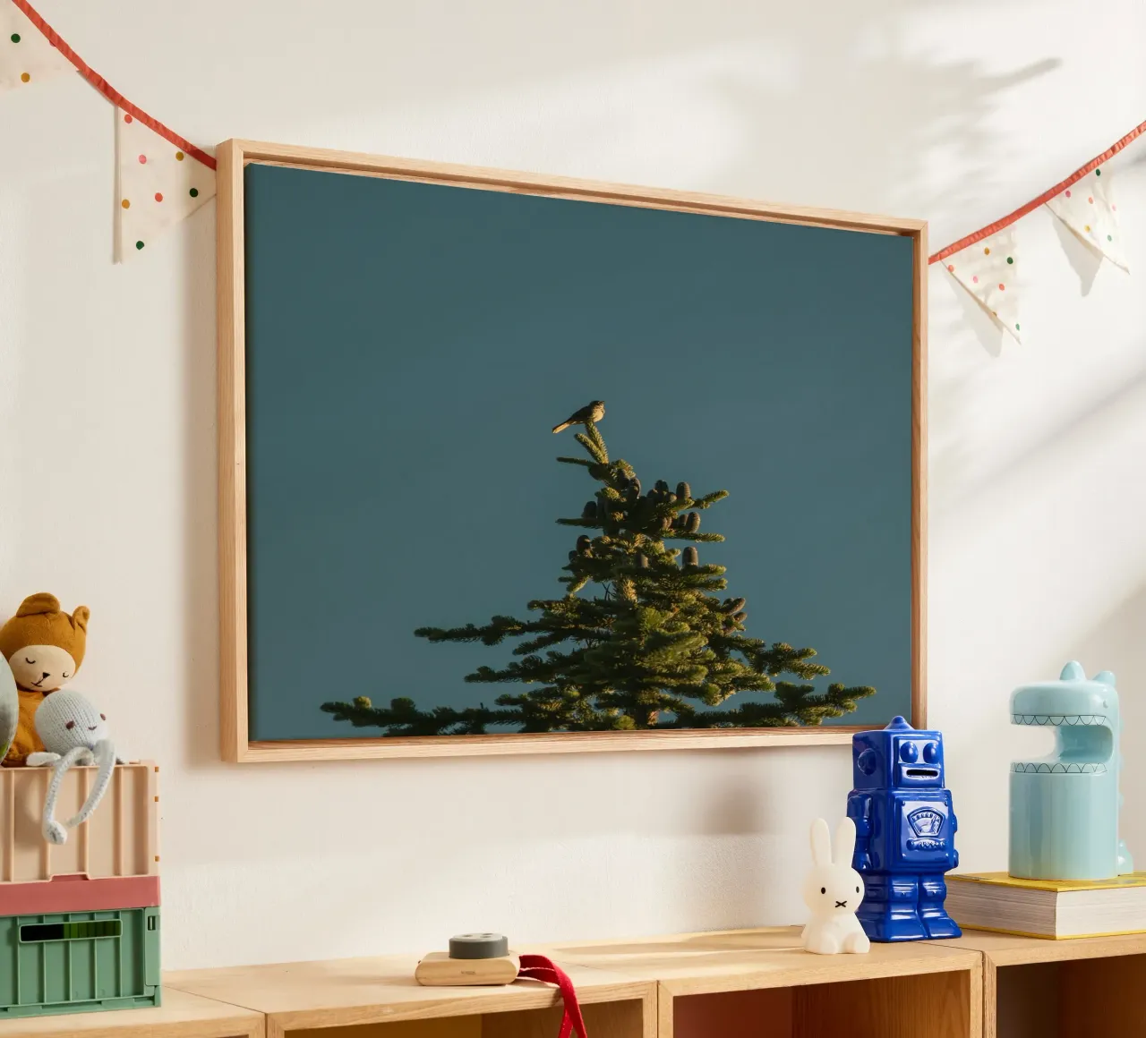 Little bird perched on the pine tree canvas with Floater frame by mip of map