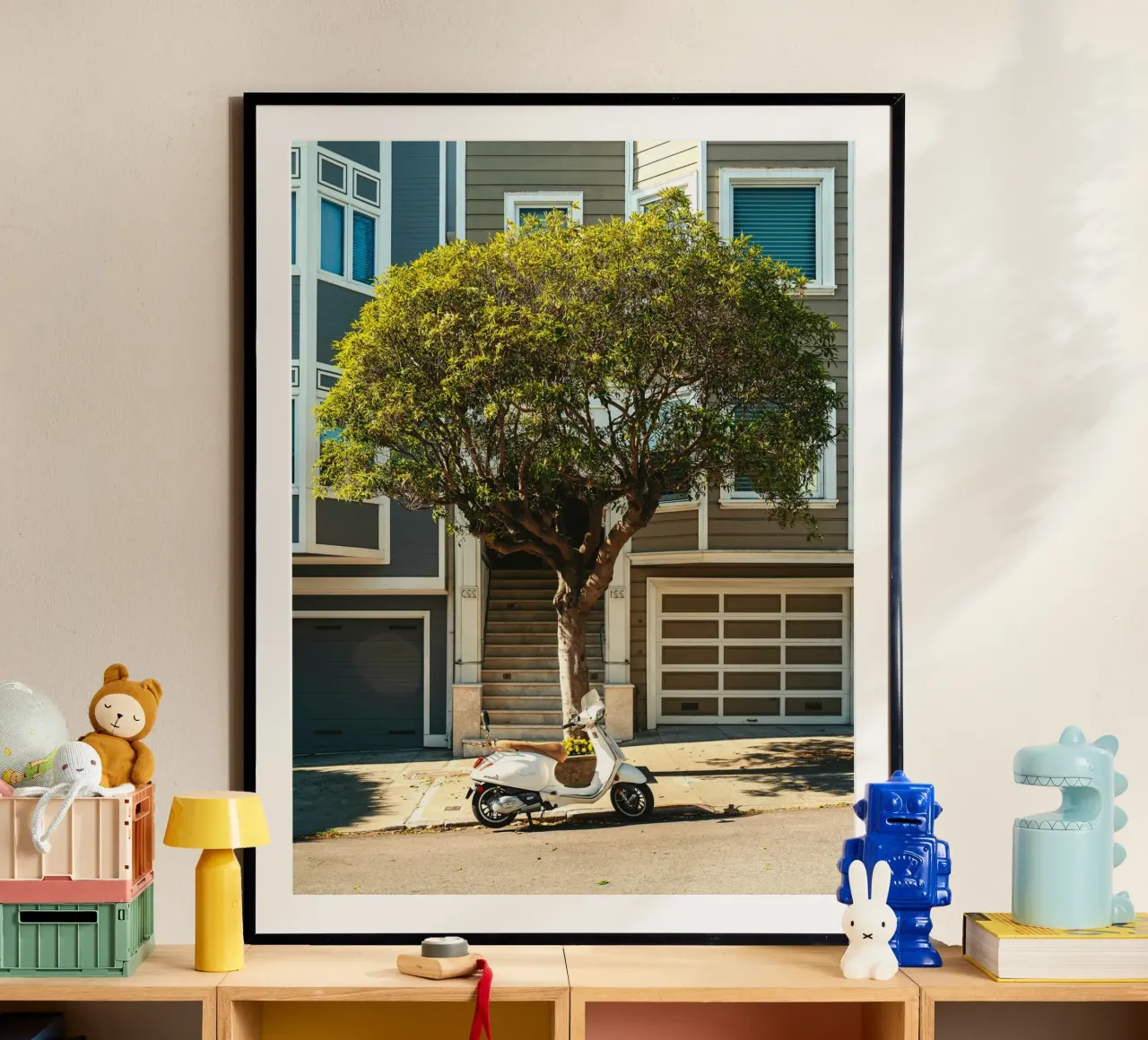 White motorbike under the tree poster da mip of map