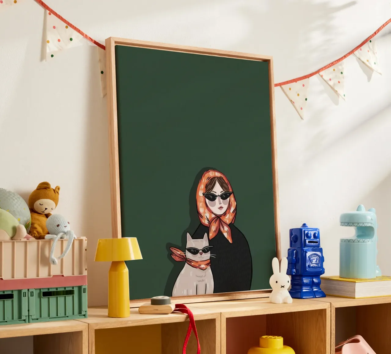 woman and cat in green background canvas met Baklijst van jasnet