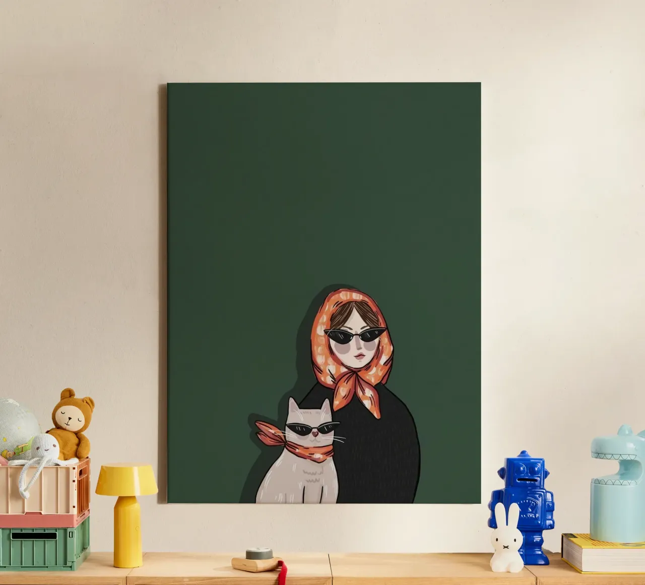 woman and cat in green background canvas met Baklijst van jasnet