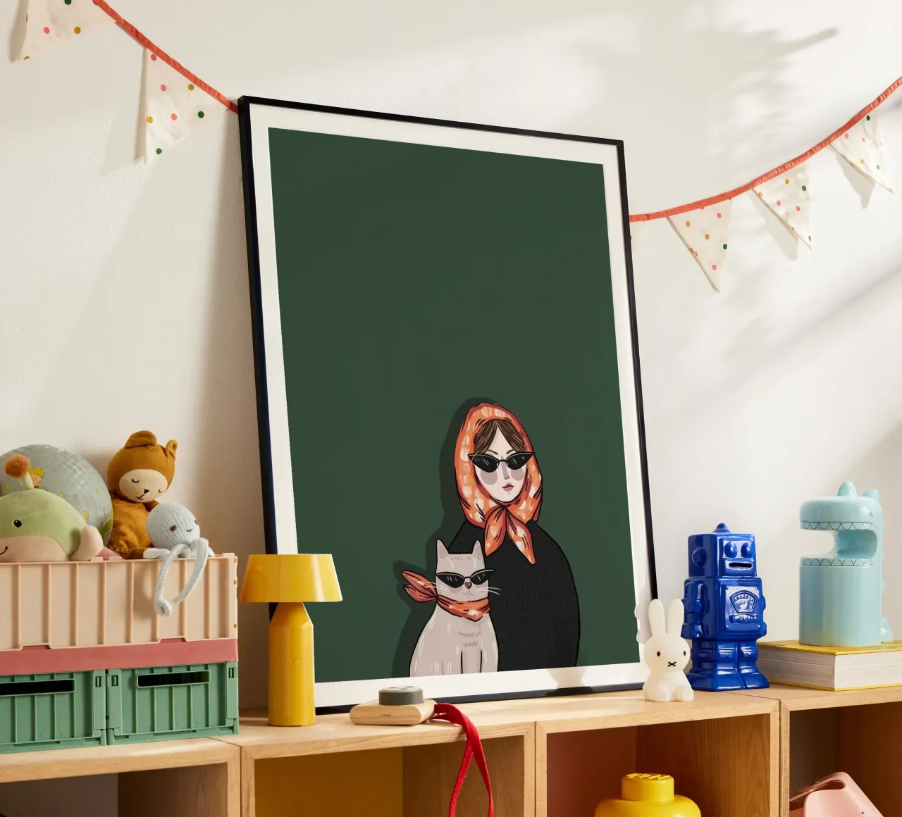 woman and cat in green background poster con telaio in plastica da jasnet