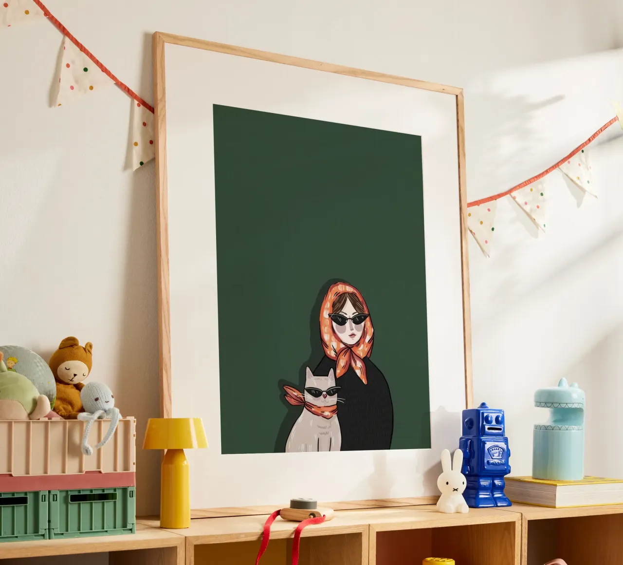 woman and cat in green background poster con telaio in plastica da jasnet