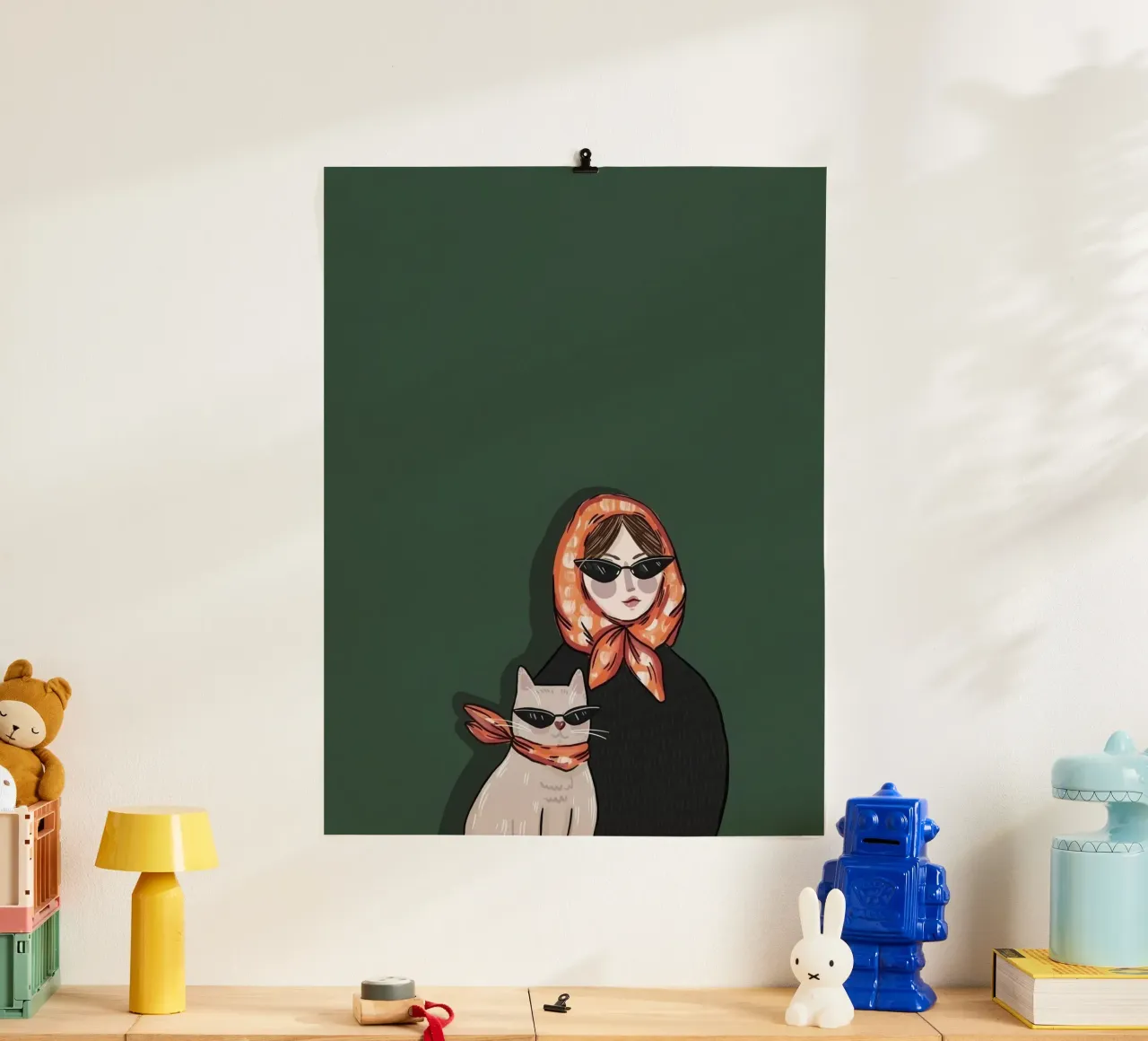 woman and cat in green background poster con telaio in plastica da jasnet