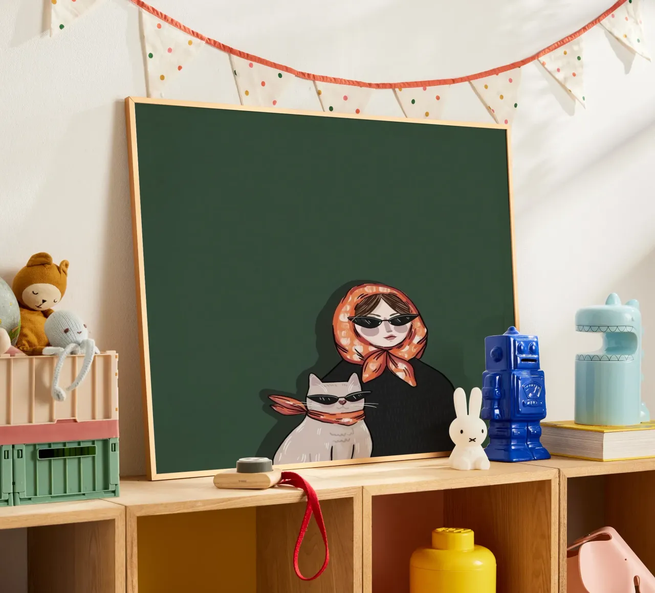woman and cat in green background poster con telaio in plastica da jasnet
