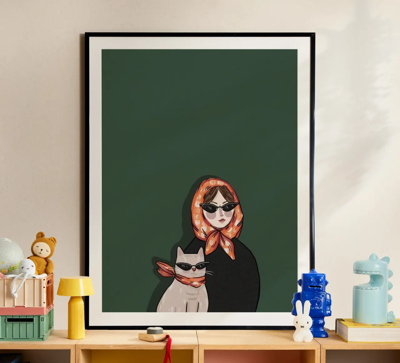 woman and cat in green background poster con telaio in plastica da jasnet